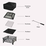 Exploded view of the NatureScape Living 34" square wood burning fire pit components: frame, fire bowl, grate, mesh lid, cover, and poker.