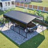 A black galvanized steel carport canopy with a ribbed roof protects a dark vehicle on a cobblestone driveway in a sunny garden setting.