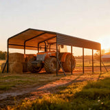 A NatureScape Living heavy-duty galvanized Steel Carport Canopy shelters an orange tractor and hay bales at sunset.