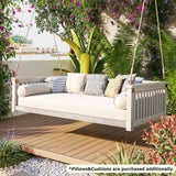 TOPMAx white wood porch swing bed with cushion & pillows on a deck with plants; text: pillows/cushions purchased additionally.