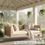 A TOPMAX Wood Swing Bed of light wood and rattan hangs on a porch, noting pillows, cushions, and blanket are not included.