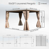 A NatureScape Living 10x12 louvered pergola with an elegant brown frame, beige curtains, and technical drawings.