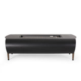 The VERNON Rectangle Fire Pit features a sleek black cylindrical body, a dark grey top with a recessed burner, and brown legs.