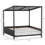 A dark brown wicker dog house with a canopy and a white cushion, designed as a raised rattan puppy bed for pets.