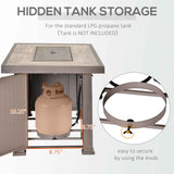 NatureScape Living wicker propane fire pit table with lid, showing its hidden storage for an LPG tank secured by a knob.