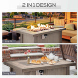 NatureScape Living's Wicker Propane Fire Pit Table, featuring a 2-in-1 design: an outdoor fire pit with flames and a dining table.