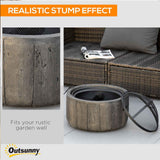 An Outsunny wood burning fire pit with a realistic stump effect design and mesh spark cover is shown on an outdoor patio.