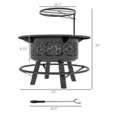 NatureScape Living's black multifunctional wood burning fire pit and charcoal BBQ grill, with a suspended grate and poker.