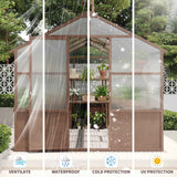 A dark wood cedar greenhouse with polycarbonate panels, displaying its ventilation, waterproofing, cold, and UV protection features.