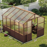 A NatureScape Living dark wood 8x10 FT greenhouse kit with translucent polycarbonate panels stands in a sunny backyard.