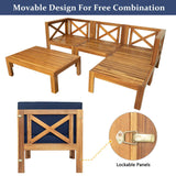 TOPMAX 5-piece wood patio sectional sofa set with dark blue cushions, featuring a movable design and lockable panels.
