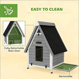 NatureScape Living's grey and white Chicken Coop, highlighting its easy-to-clean design with a removable tray and fully detachable main door.