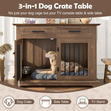 A dark brown wooden dog kennel, also a 3-in-1 dog crate table, TV stand, and side table, with a spotted dog resting inside.
