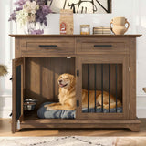 A stylish brown wooden 44.48" Large Dog Crate Furniture, with two drawers on top, houses a golden retriever on a blue cushion.