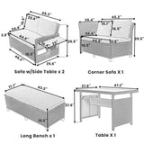 Diagram of the TOMAX 5-Piece L Shaped Outdoor Rattan Sofa Set, with beige cushions on sofas, corner, bench, and table.