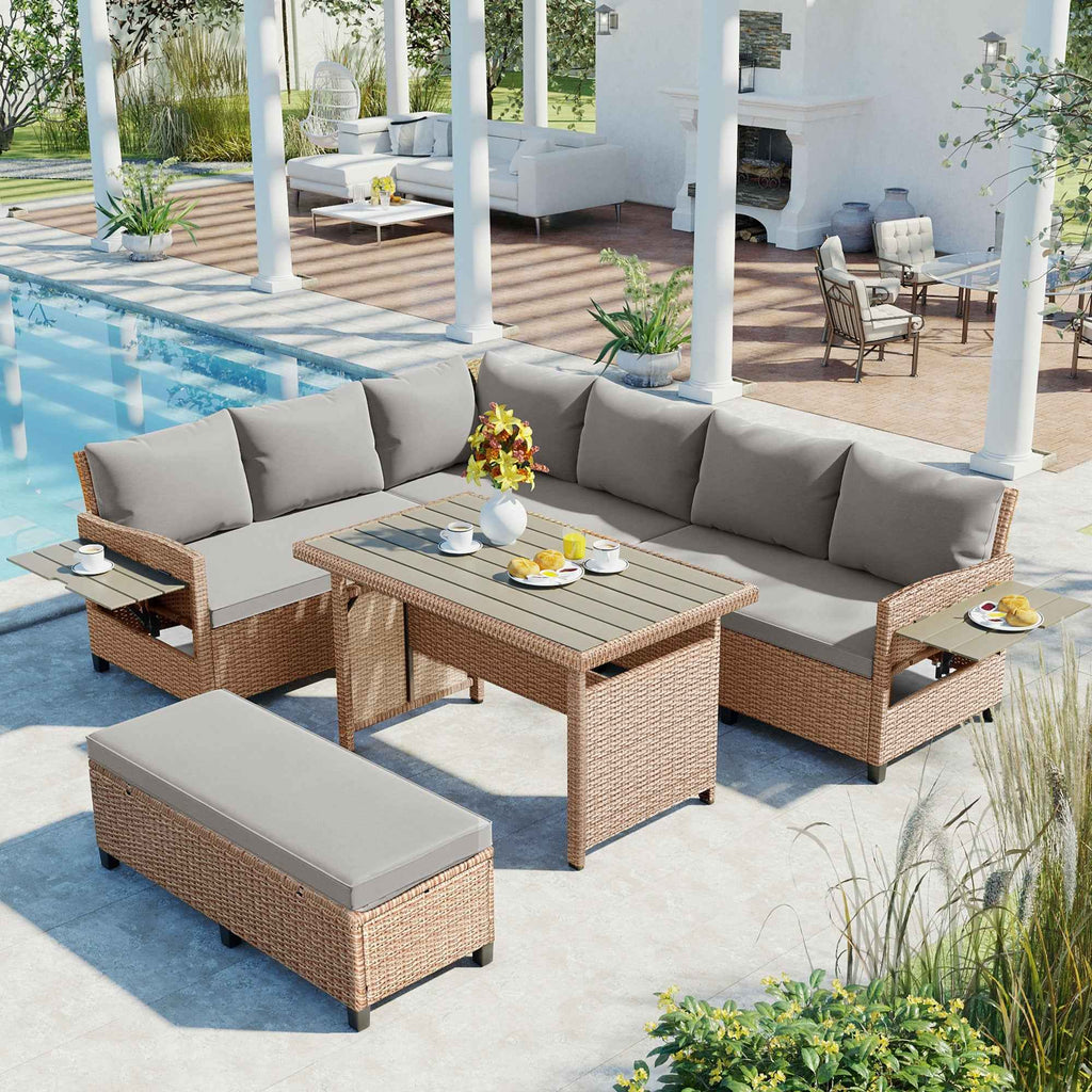 TOMAX 5-Piece Outdoor Rattan Sofa Set, an L-shaped patio set with light gray cushions, a matching table, and a bench by a pool.