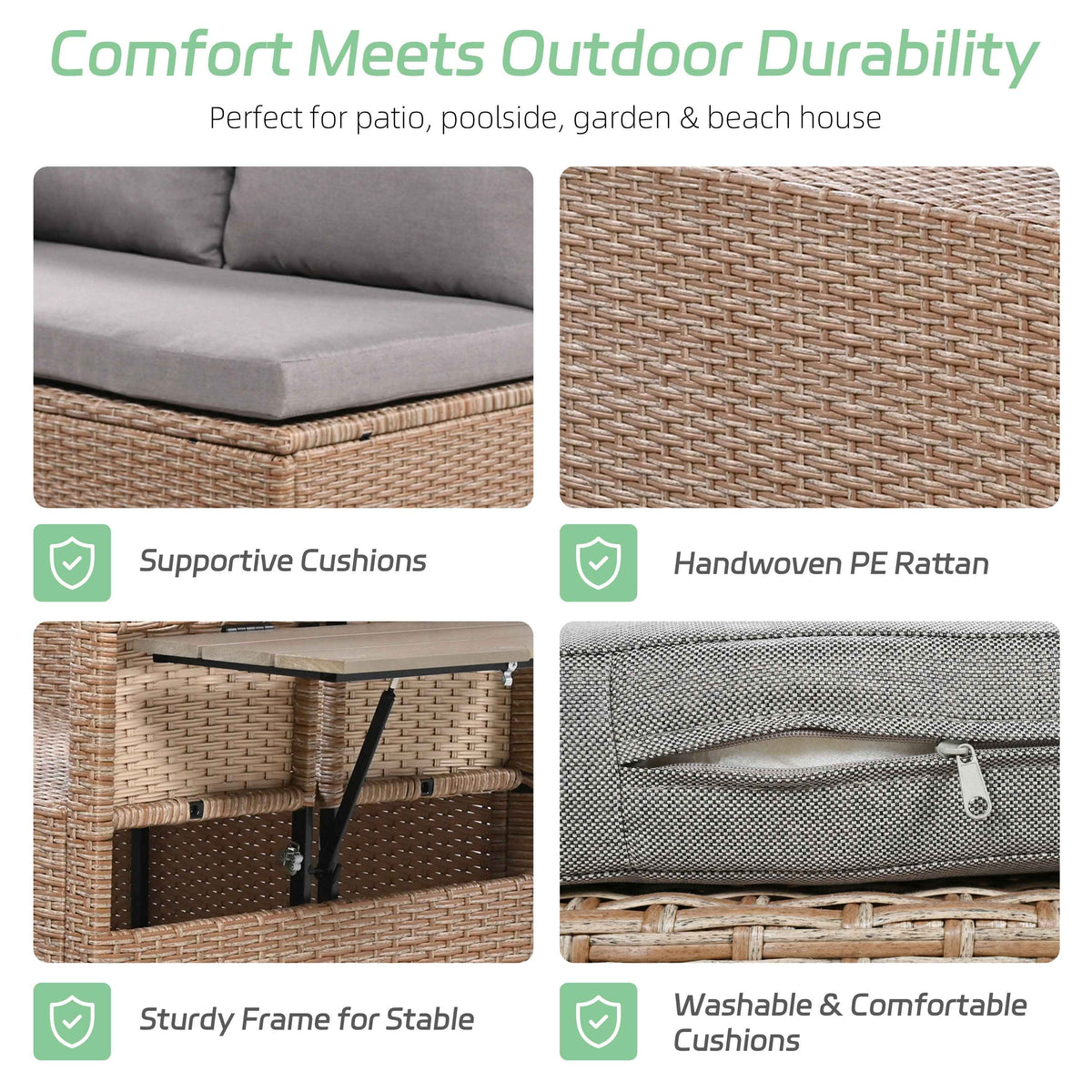 This TOMAX 5-piece L-shaped outdoor rattan sofa set features supportive, washable grey cushions, handwoven PE rattan, and a sturdy frame.