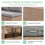 This TOMAX 5-piece L-shaped outdoor rattan sofa set features supportive, washable grey cushions, handwoven PE rattan, and a sturdy frame.