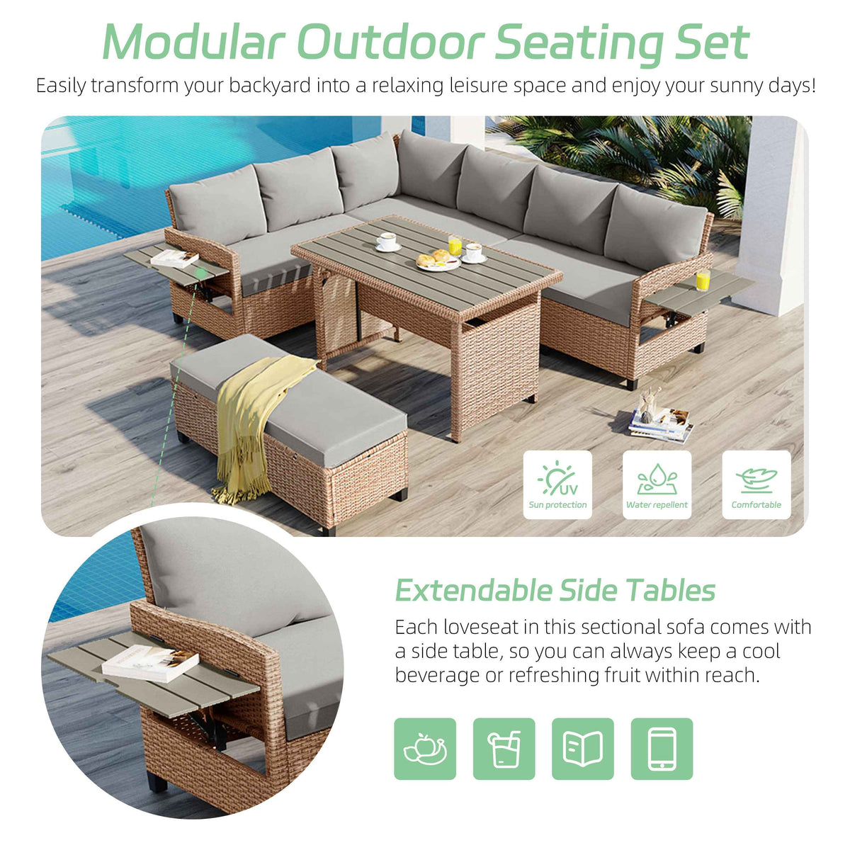 The TOMAX 5-Piece L-shaped outdoor rattan sofa set with beige frames, gray cushions, and extendable side tables by a pool.