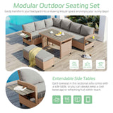 The TOMAX 5-Piece L-shaped outdoor rattan sofa set with beige frames, gray cushions, and extendable side tables by a pool.