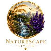 NATURESCAPE LIVING brand logo, showing a golden framed landscape with a waterfall, mountains, wheat, and lavender.