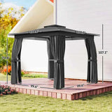 NatureScape Living's dark gray 10x10 patio pergola with tied-back curtains, set on a wooden deck in a sunny backyard.