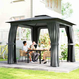 A dark grey NatureScape Living 10x10 Patio Pergola with tied-back curtains shelters three friends enjoying a meal on a stone patio.