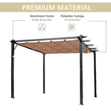 A 10x13 Canopy Pergola with a black aluminum frame and an adjustable tan polyester canopy for UV protection.