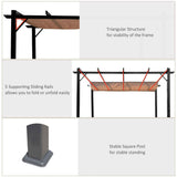 The 10x13 Canopy Pergola details its stable black frame with triangular bracing, 5 sliding rails for the tan sunshade, and sturdy square posts.