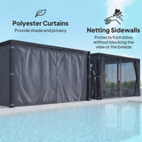 NatureScape Living 10x13 pergola with grey polyester privacy curtains for shade and netting sidewalls for bug protection by a pool.