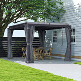The 10x13 Ret retractable pergola with a dark louvered sun shade and grey curtains encloses a wicker dining set on a patio.