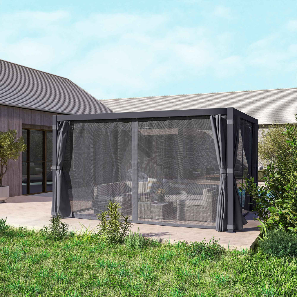 A dark grey 10x13 Retractable Pergola with Sun Shade Louvered Top and mesh curtains on a wooden deck.