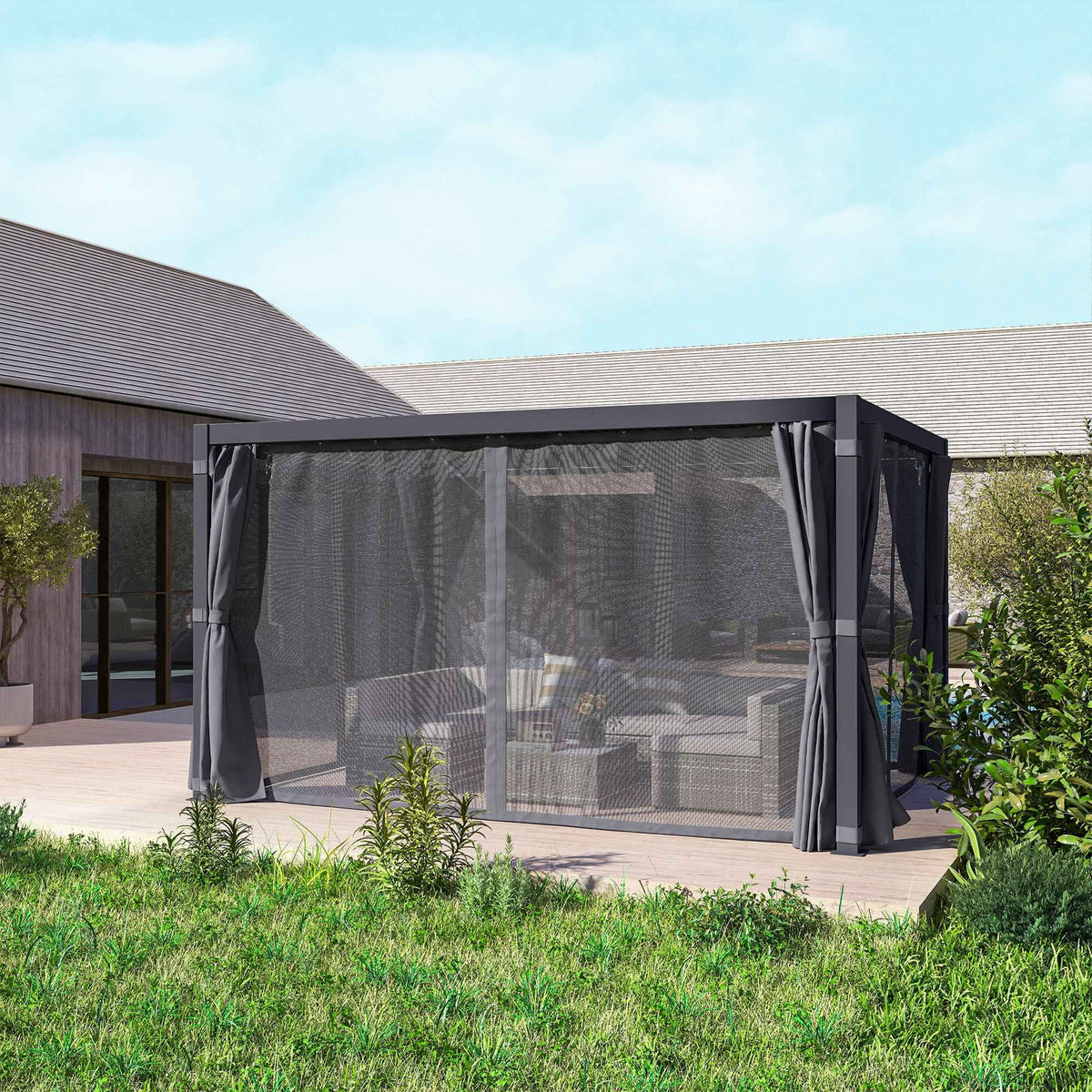 A dark grey 10x13 Retractable Pergola with Sun Shade Louvered Top and mesh curtains on a wooden deck.