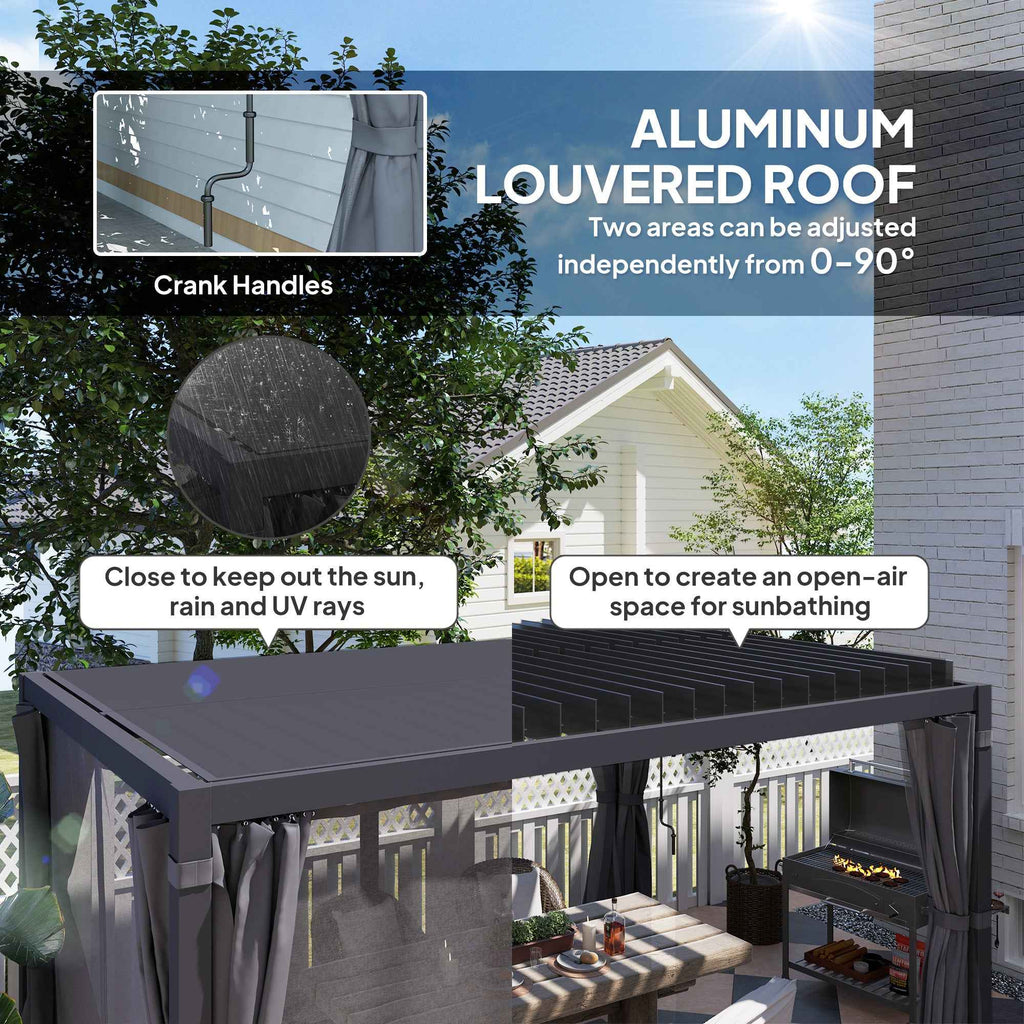 A dark gray NatureScape Living 10x13 retractable pergola with an adjustable aluminum louvered roof and side curtains on a patio.