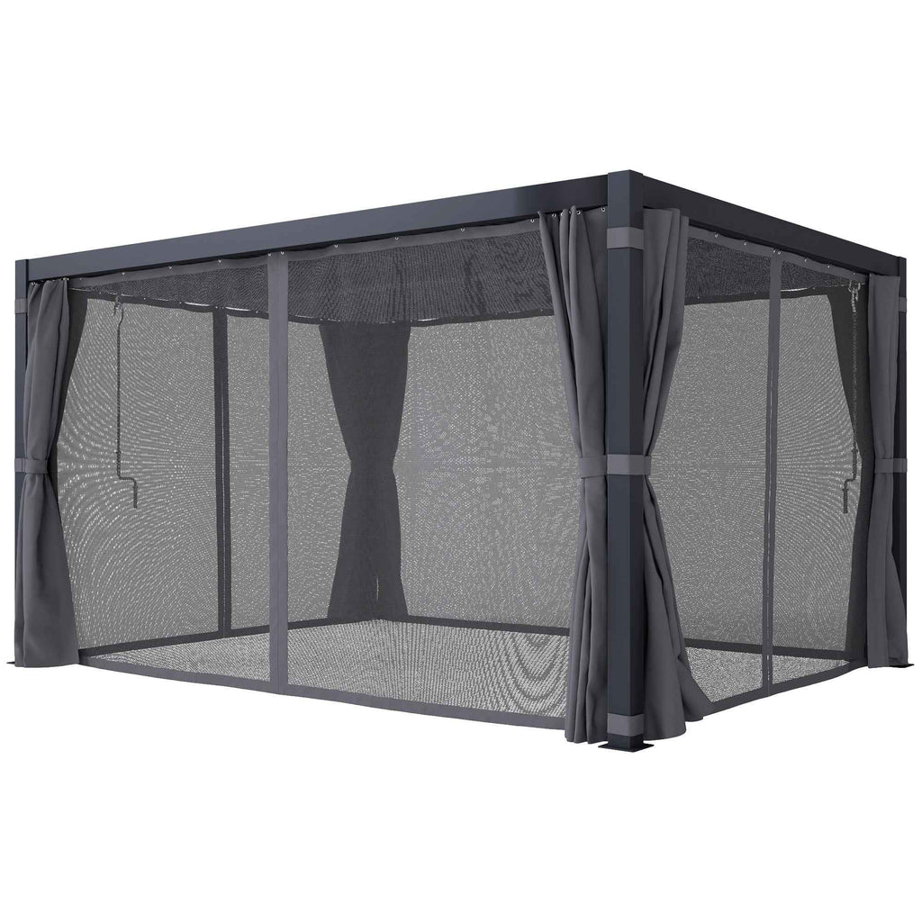 A NatureScape Living 10x13 Retractable Pergola features a dark grey frame with tied-back mesh and fabric curtains.