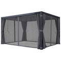 A NatureScape Living 10x13 Retractable Pergola features a dark grey frame with tied-back mesh and fabric curtains.
