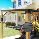 A 10x14 lean-to wooden gazebo with a dark galvanized steel roof, highlighting UV protection, water resistance, and rustproof features.