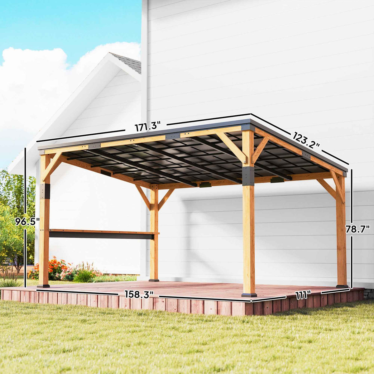 A NatureScape Living 10x14 Lean-To Gazebo with a wooden frame, steel roof, and bar shelf attached to a white house.