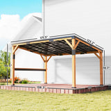 A NatureScape Living 10x14 Lean-To Gazebo with a wooden frame, steel roof, and bar shelf attached to a white house.