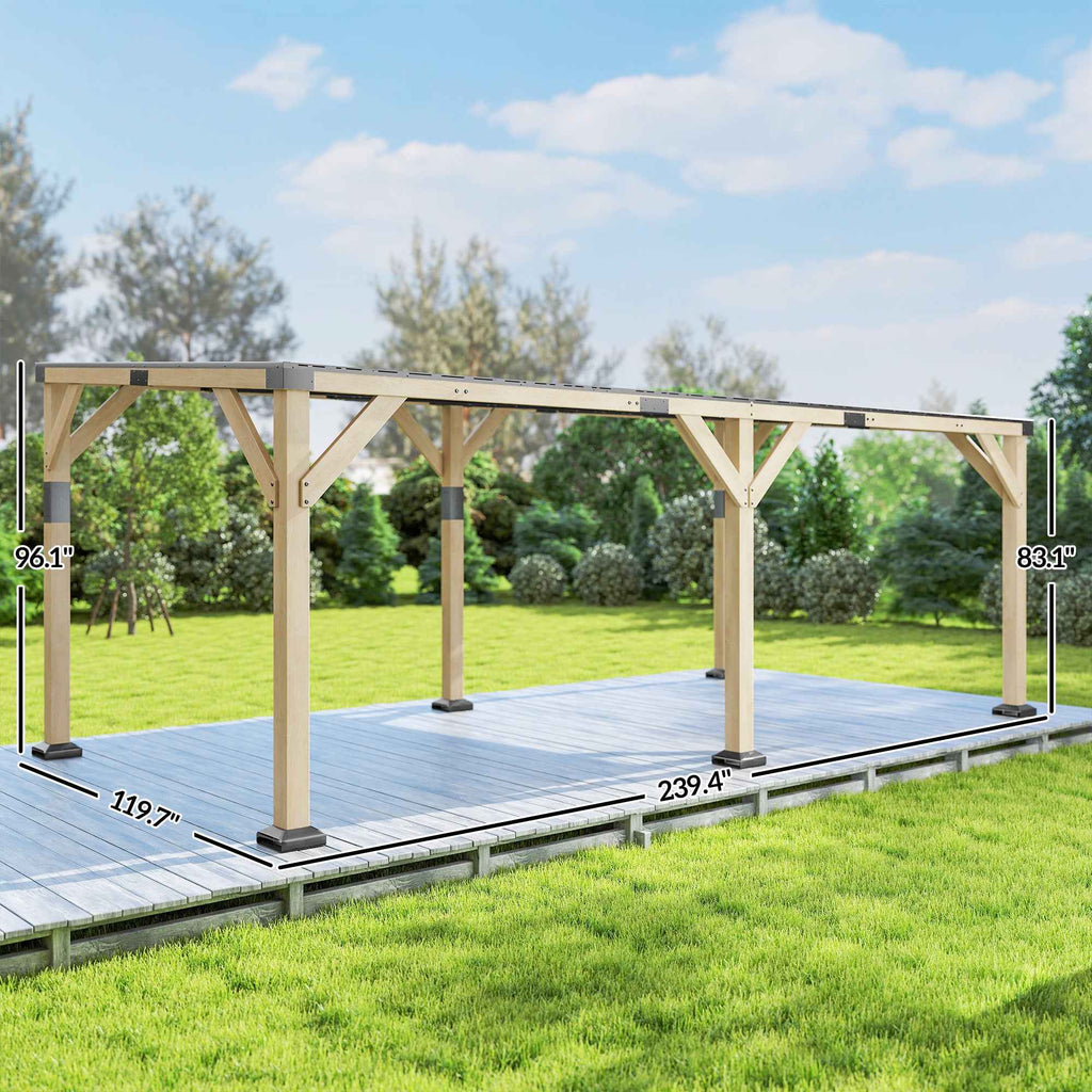 NatureScape Living 10x20 Lean-To Gazebo, an elegant wooden pergola with a dark steel roof on an outdoor deck.