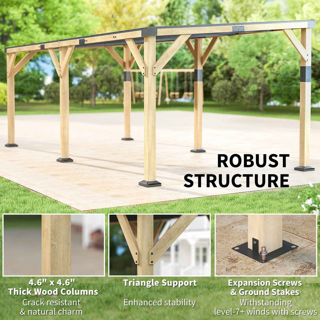 NatureScape Living's 10x20 Lean-To Gazebo features a robust structure with thick wood columns and triangle supports, withstanding level-7+ winds.