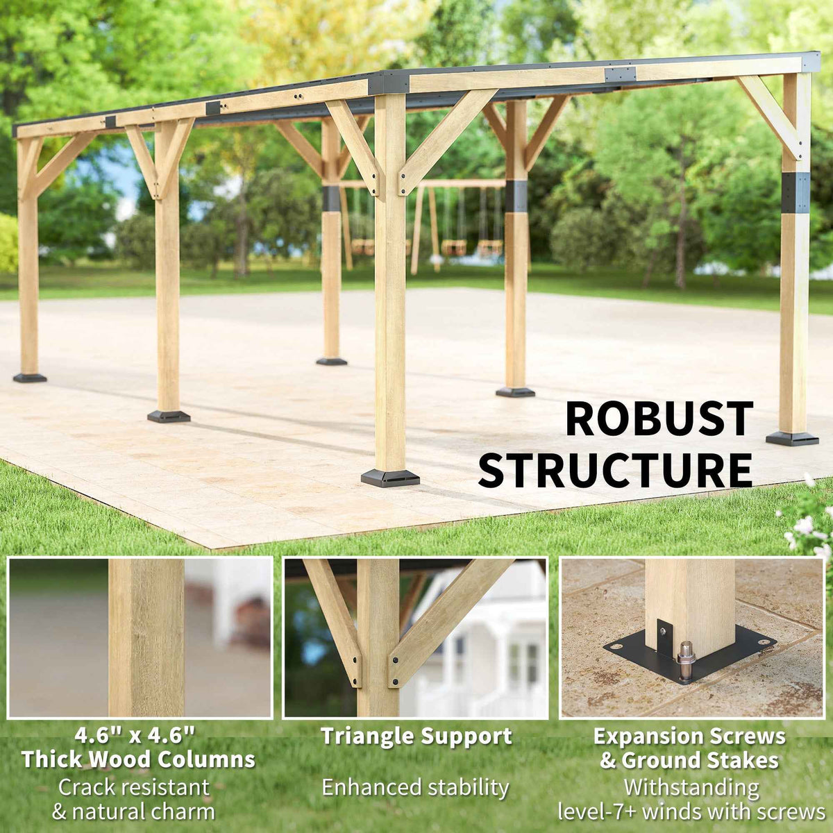 NatureScape Living's 10x20 Lean-To Gazebo features a robust structure with thick wood columns and triangle supports, withstanding level-7+ winds.