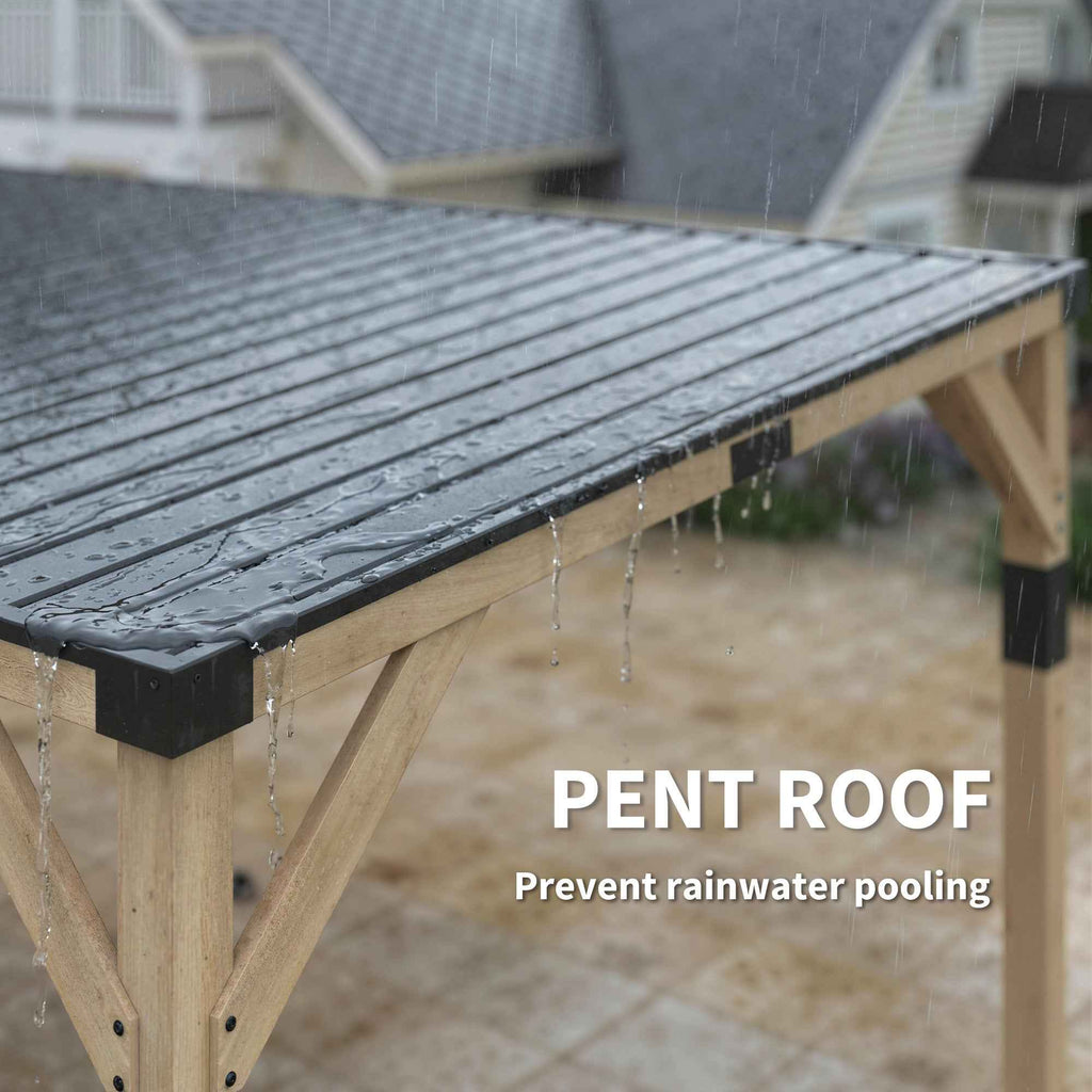 A NatureScape Living 10x20 Lean-To Gazebo with a black steel pent roof shedding rainwater, preventing pooling.