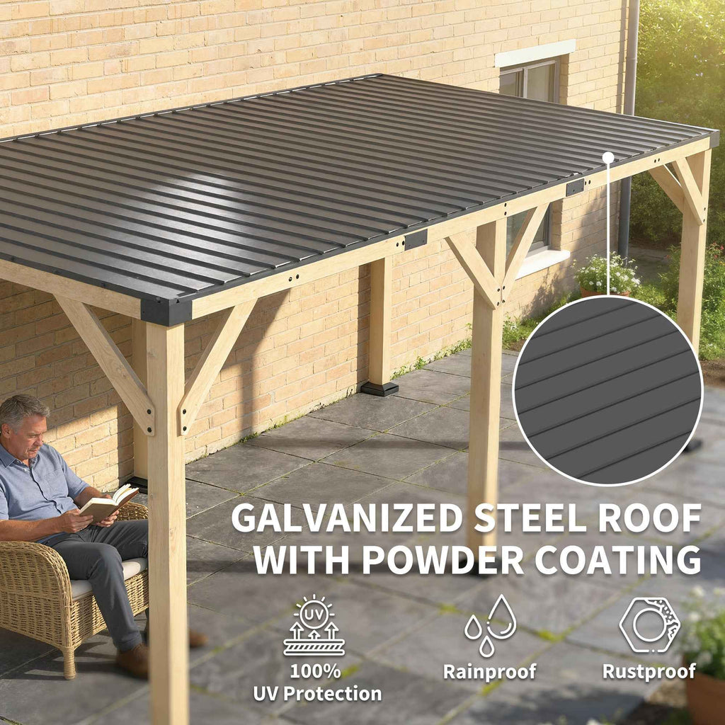 NatureScape Living's 10x20 Lean-To Gazebo with a wood frame and dark gray galvanized steel roof, highlighting 100% UV, rainproof, and rustproof features.