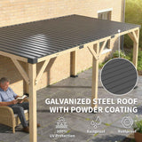 NatureScape Living's 10x20 Lean-To Gazebo with a wood frame and dark gray galvanized steel roof, highlighting 100% UV, rainproof, and rustproof features.