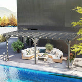 A grey 12x20 Wood Pergola shades a modern curved outdoor sofa on a patio next to a swimming pool.