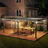A NatureScape Living 12x20 Wood Pergola, illuminated by string lights, provides an elegant outdoor dining setting on a patio at night.