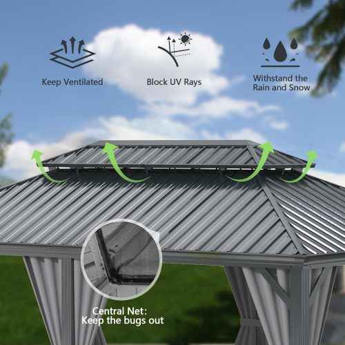 NatureScape Living 13x13 Hardtop Gazebo, grey galvanized steel roof showing ventilation, UV blocking, weather resistance, and a central insect net.