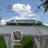 NatureScape Living 13x13 Hardtop Gazebo, grey galvanized steel roof showing ventilation, UV blocking, weather resistance, and a central insect net.