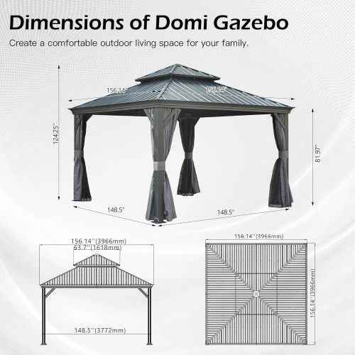 A dark gray 13x13 Domi Hardtop Gazebo featuring a tiered roof and tied-back privacy curtains, presented with dimension schematics.